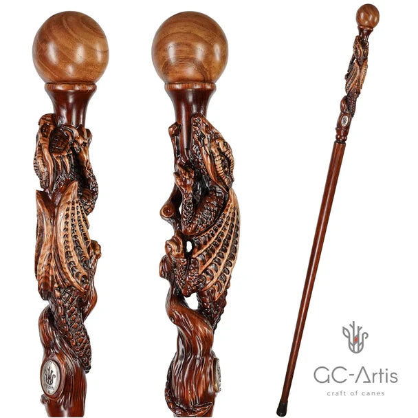 The Dragon Staff - Dark Wood Walking Staff Master-Carved Dragon Walking Staff