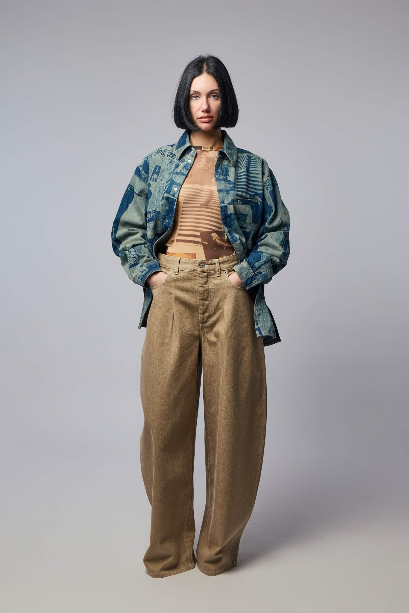 Denim Shirt with Newspaper Print