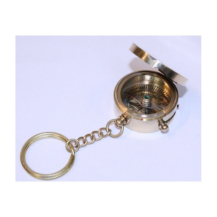 Brass Compass with Lid Keychain Nautical Key Ring