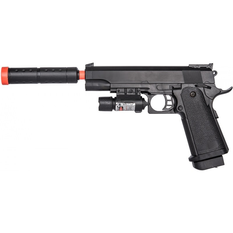 P2001C Model Spring Airsoft Pistol with Mock Suppressor & Laser - TOPHATTER'S ARMORY DEALS