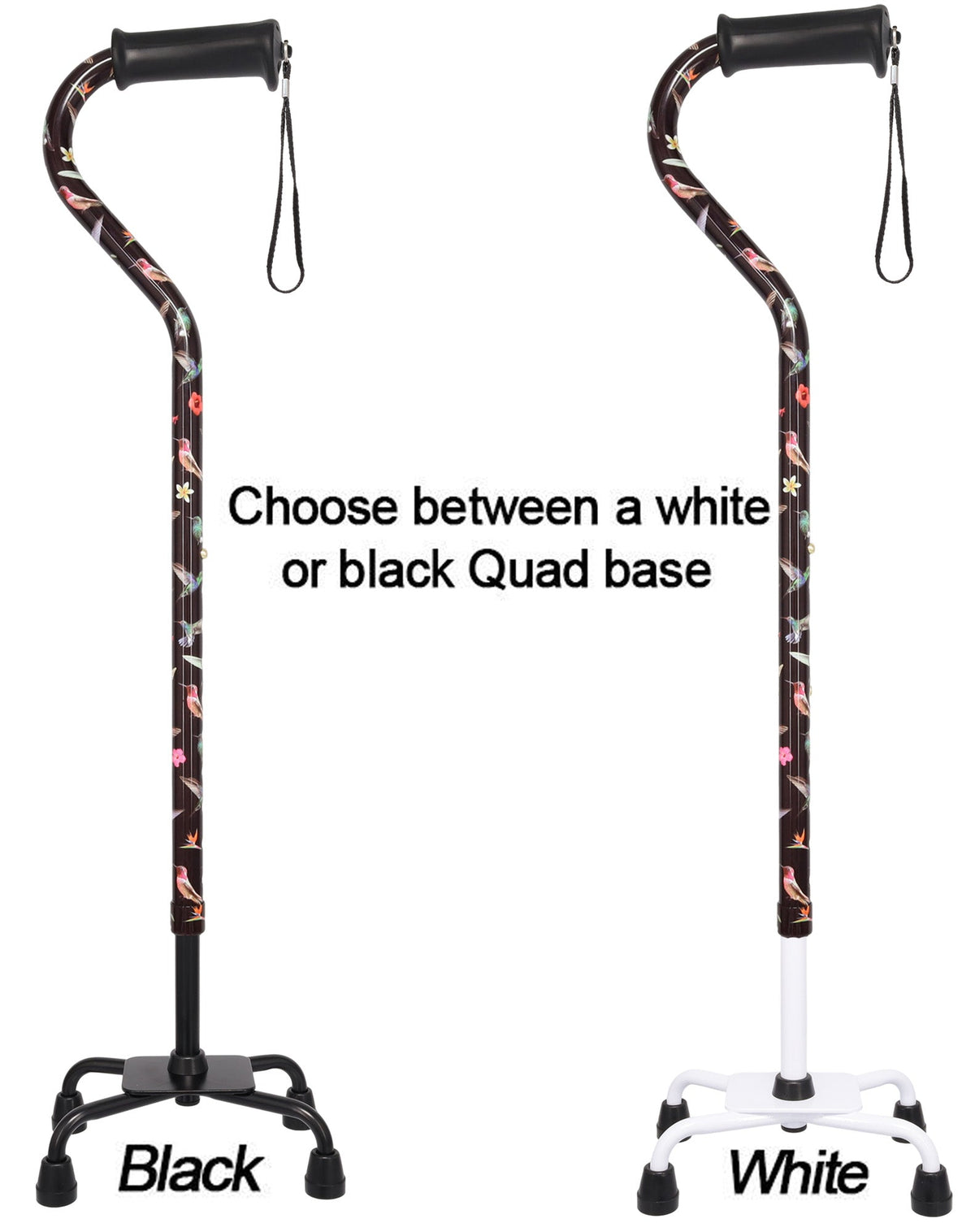 Flight of the Hummingbird Aluminum Convertible Quad Base Walking Cane - Adjustable Shaft