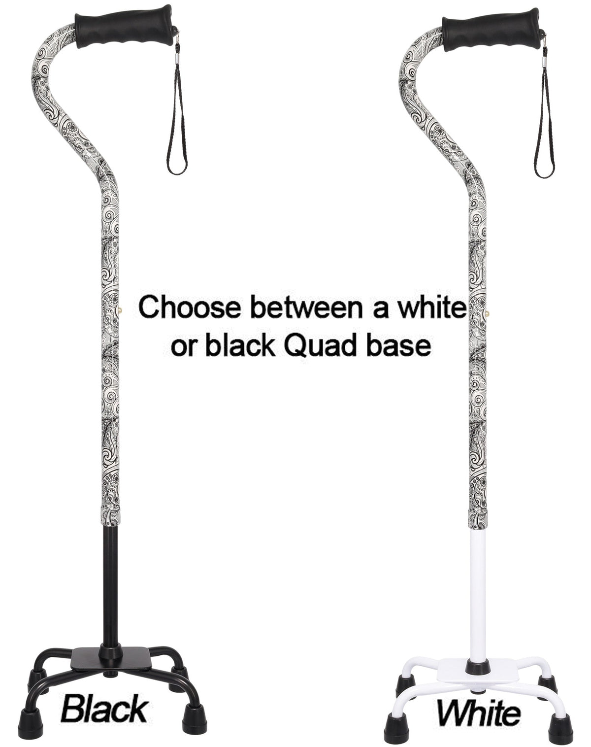 Black and White Convertible Quad Base Walking Cane with Comfort Grip - Adjustable Shaft