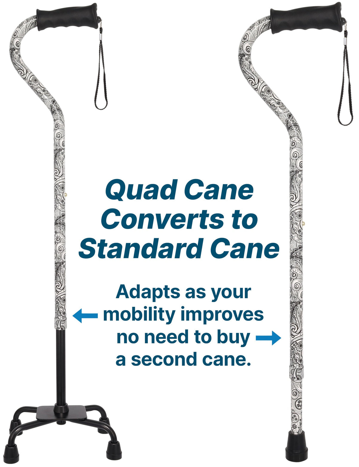 Black and White Convertible Quad Base Walking Cane with Comfort Grip - Adjustable Shaft