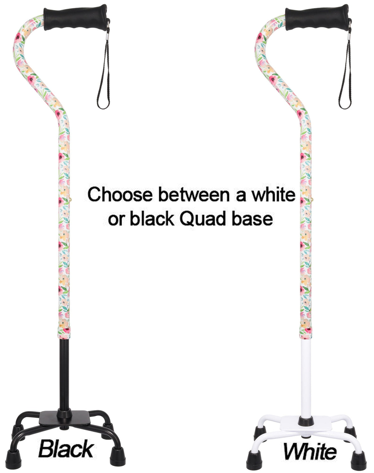 Watercolor Flowers Vivienne May Convertible Quad Base Walking Cane with Comfort Grip - Adjustable Sh