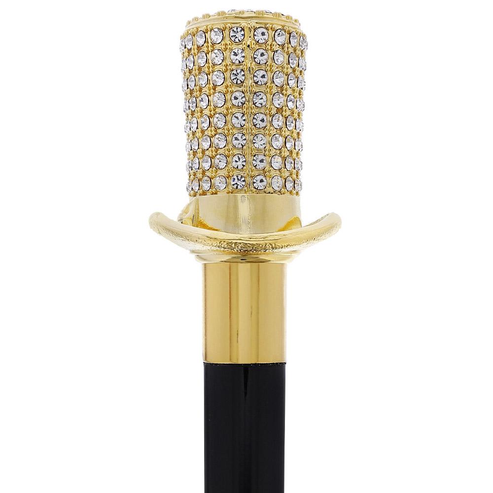 Gold Plated Top Hat with Swarovski Crystals w/ Black Beechwood Shaft and Gold collar