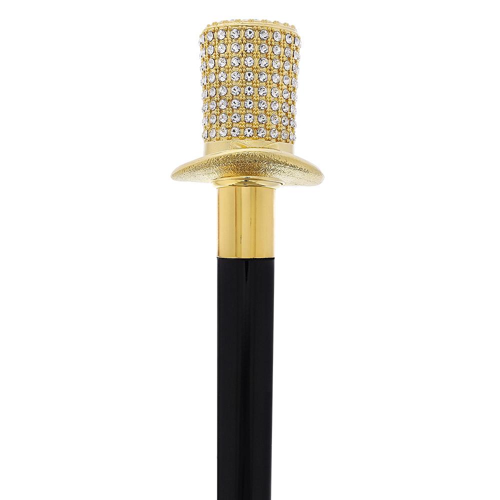 Gold Plated Top Hat with Swarovski Crystals w/ Black Beechwood Shaft and Gold collar