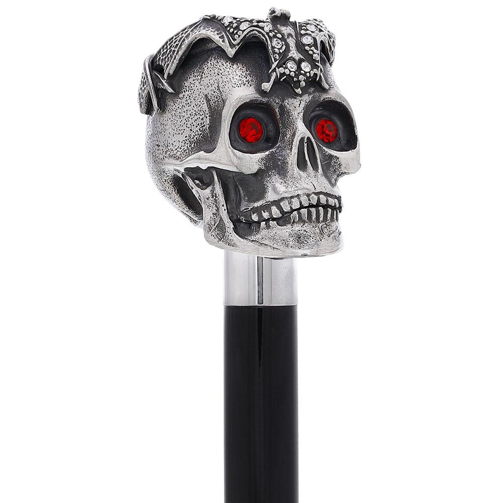 Silver 925r Ruby Red Skull and Bats Walking Cane w/ Black Beechwood Shaft