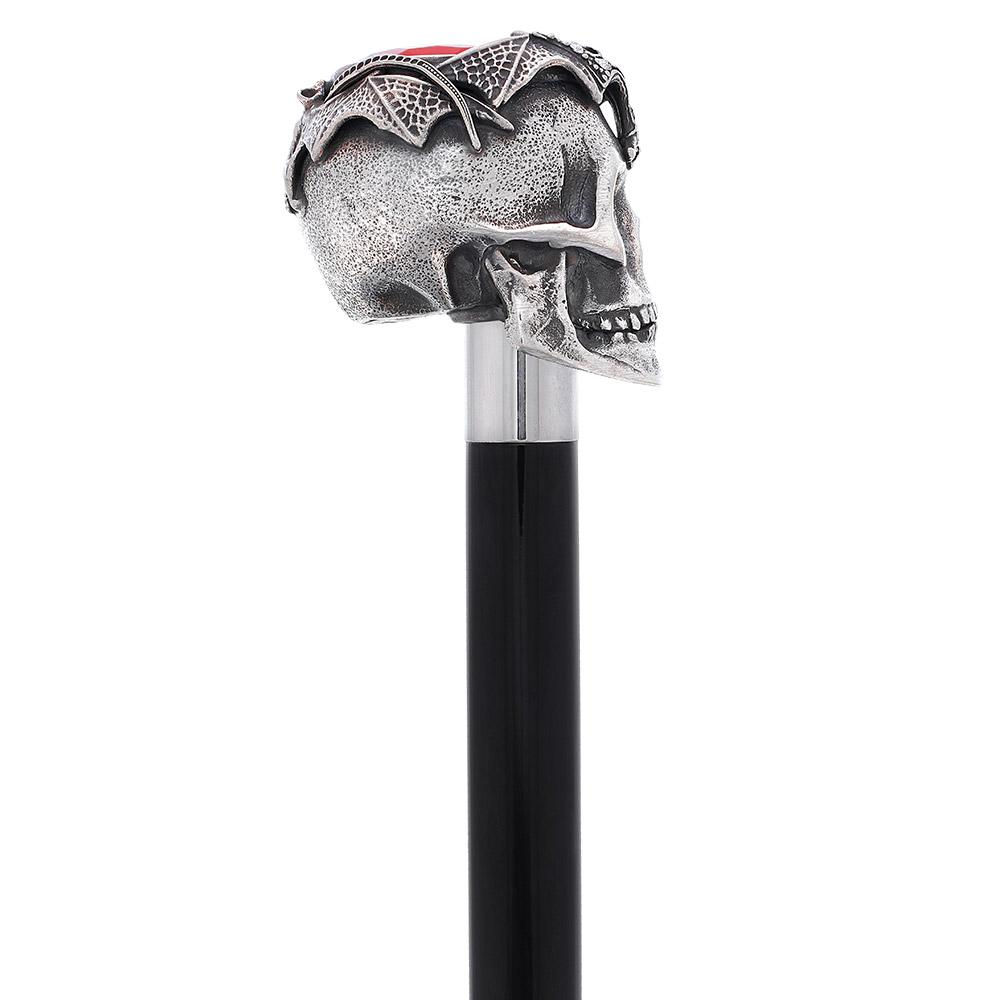 Silver 925r Ruby Red Skull and Bats Walking Cane w/ Black Beechwood Shaft