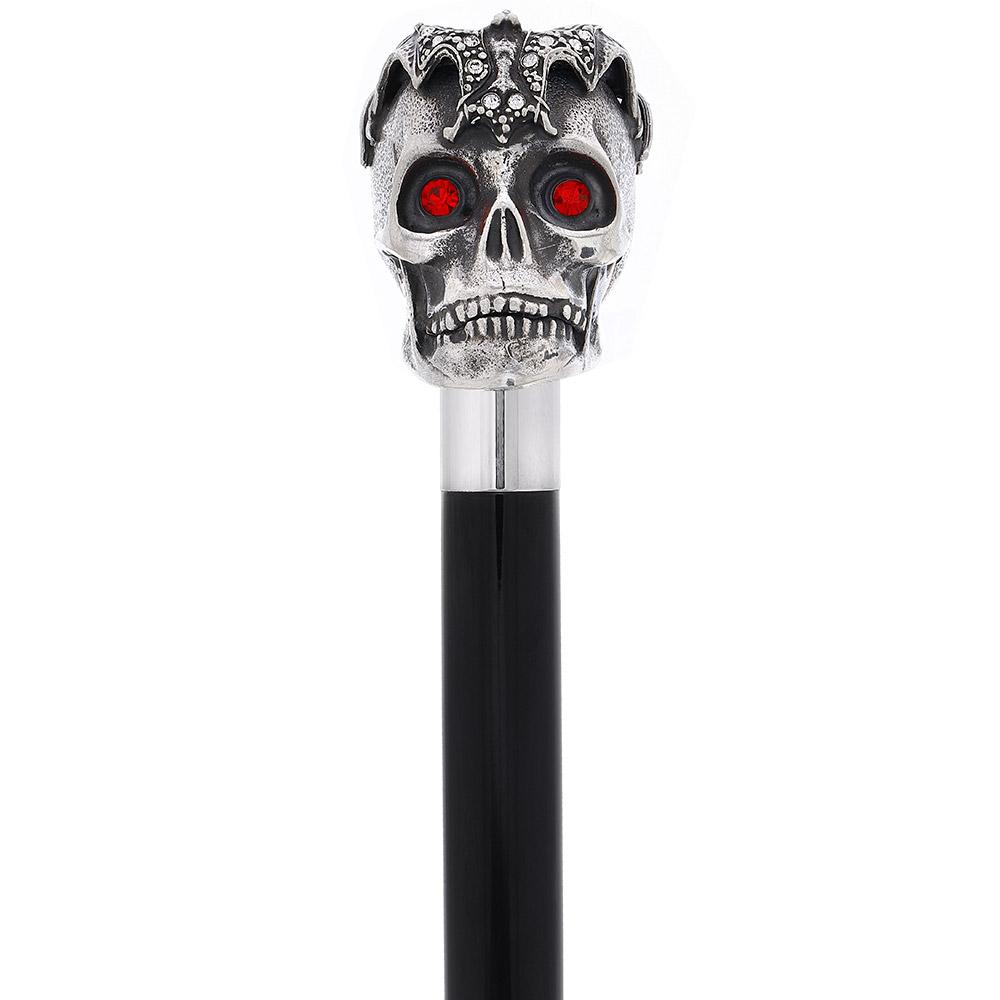 Silver 925r Ruby Red Skull and Bats Walking Cane w/ Black Beechwood Shaft