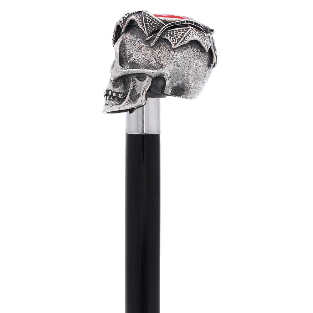 Silver 925r Ruby Red Skull and Bats Walking Cane w/ Black Beechwood Shaft