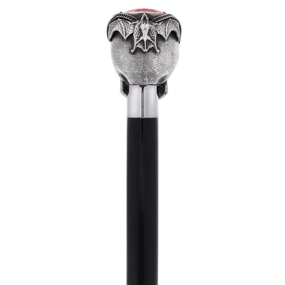 Silver 925r Ruby Red Skull and Bats Walking Cane w/ Black Beechwood Shaft