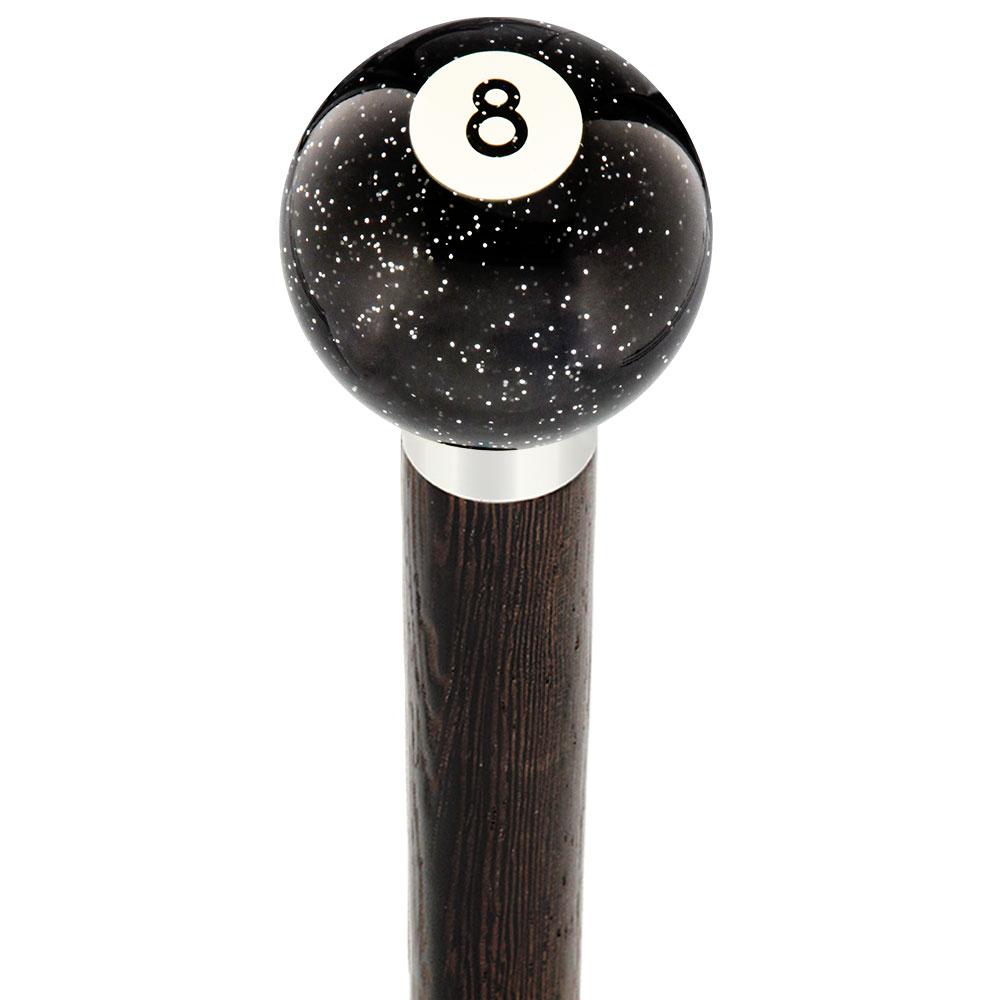 8 Ball Black Sparkle Round Knob Cane w/ Custom Wood Shaft & Collar