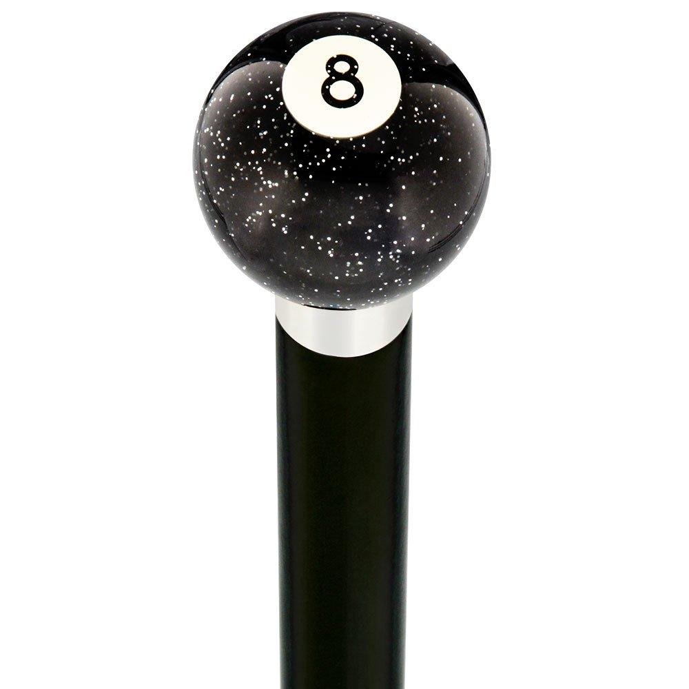 8 Ball Black Sparkle Round Knob Cane w/ Custom Wood Shaft & Collar