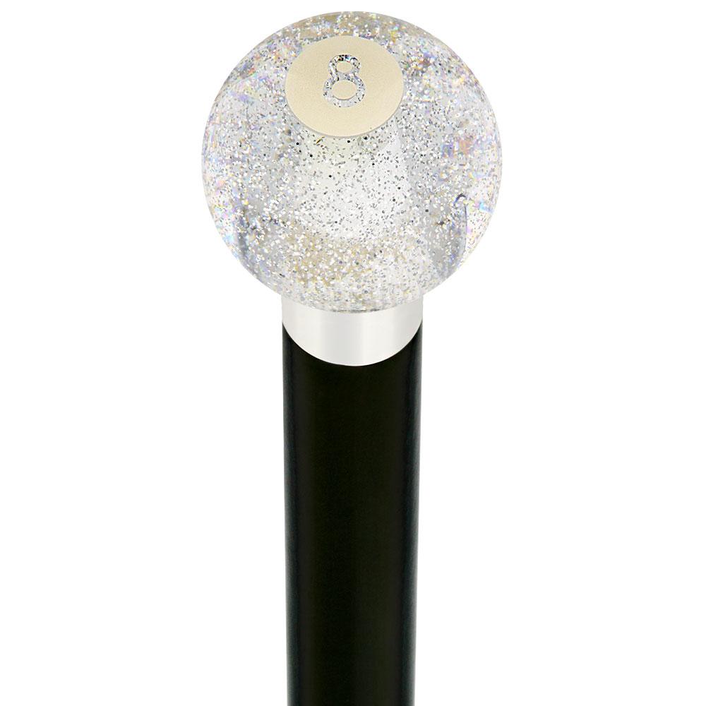 8 Ball Clear Sparkle Round Knob Cane w/ Custom Wood Shaft & Collar