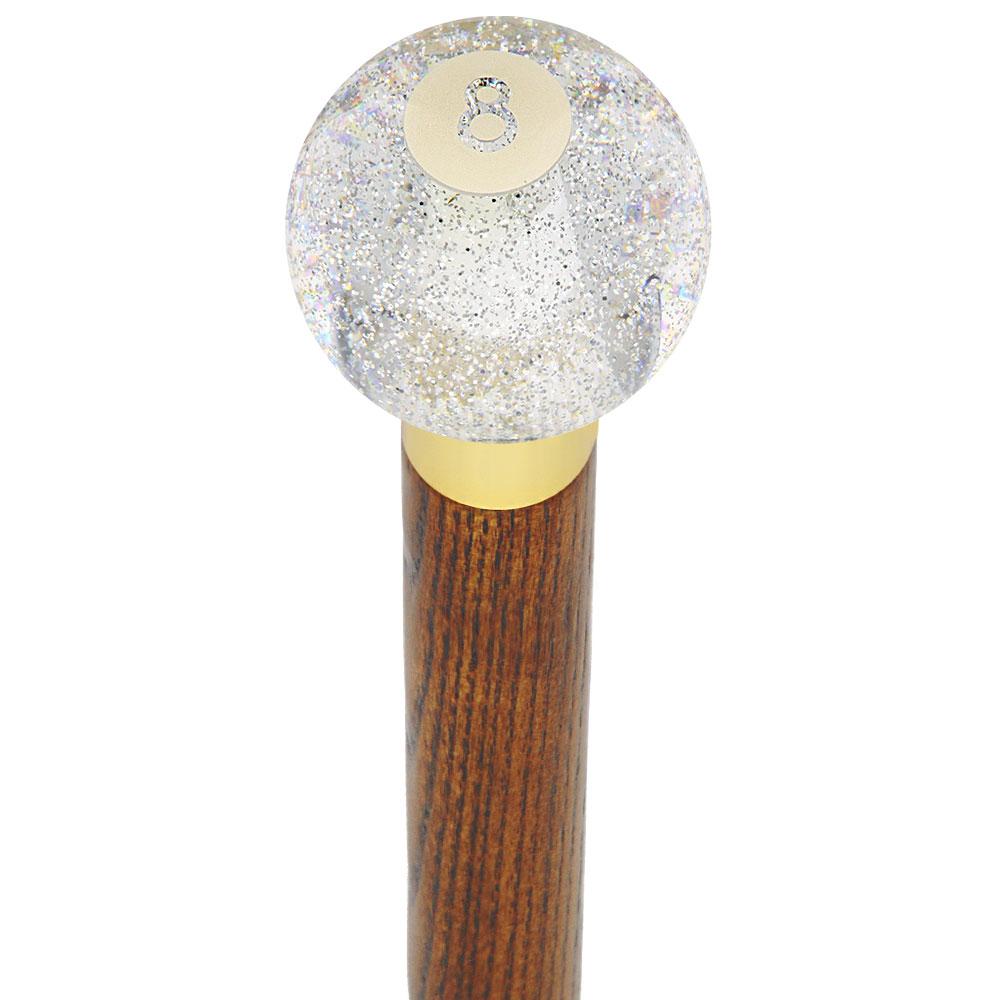 8 Ball Clear Sparkle Round Knob Cane w/ Custom Wood Shaft & Collar