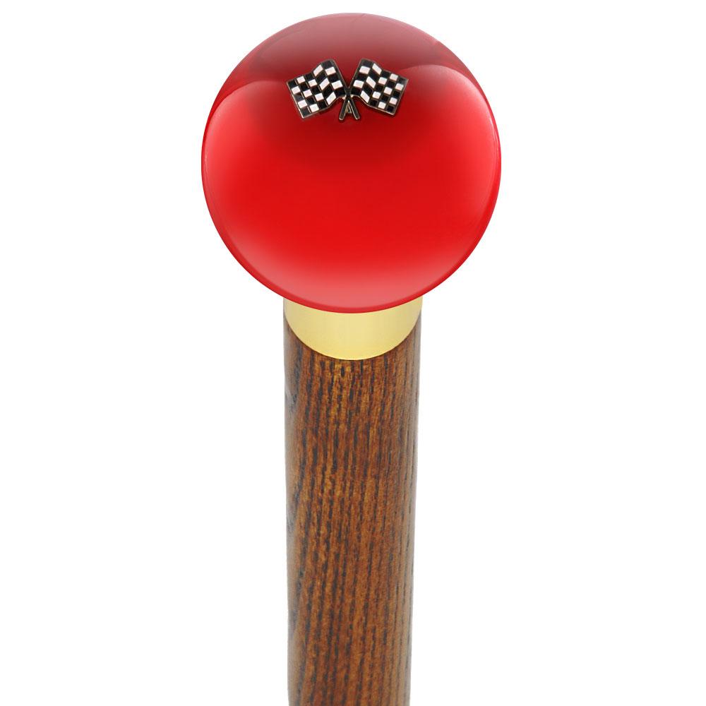 Checkered Racing Flags Red Round Knob Cane w/ Custom Wood Shaft & Collar