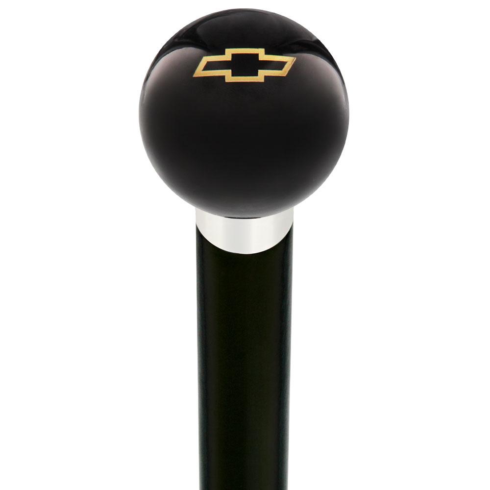 Licensed Chevy Classic Emblem Black Round Knob Cane w/ Custom Wood Shaft & Collar