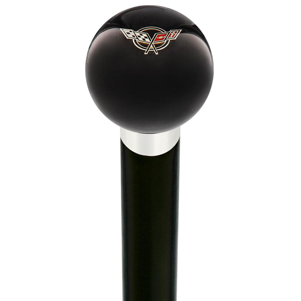 Licensed Corvette Angled Flags Emblem Black Round Knob Cane w/ Custom Wood Shaft & Collar