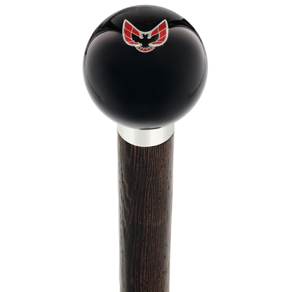 Licensed Firebird Emblem Black Round Knob Cane w/ Custom Wood Shaft & Collar