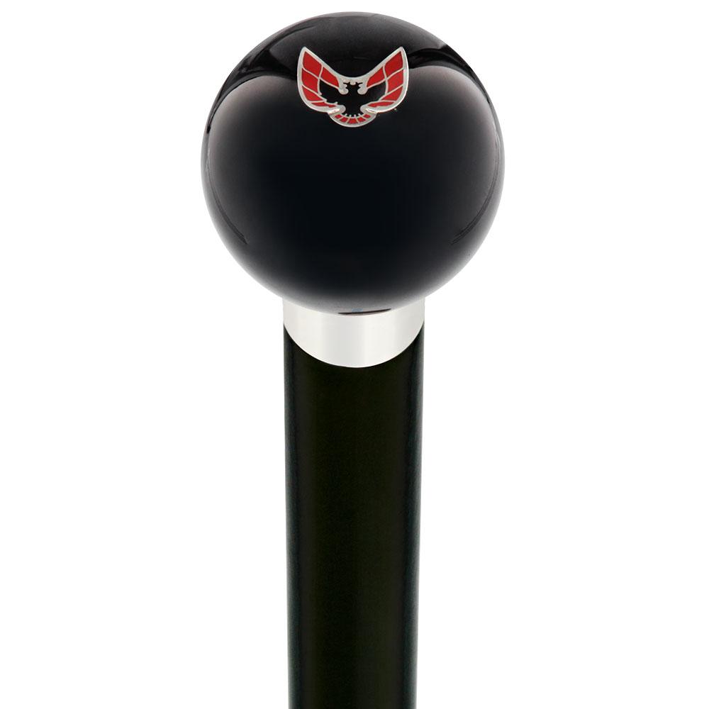 Licensed Firebird Emblem Black Round Knob Cane w/ Custom Wood Shaft & Collar