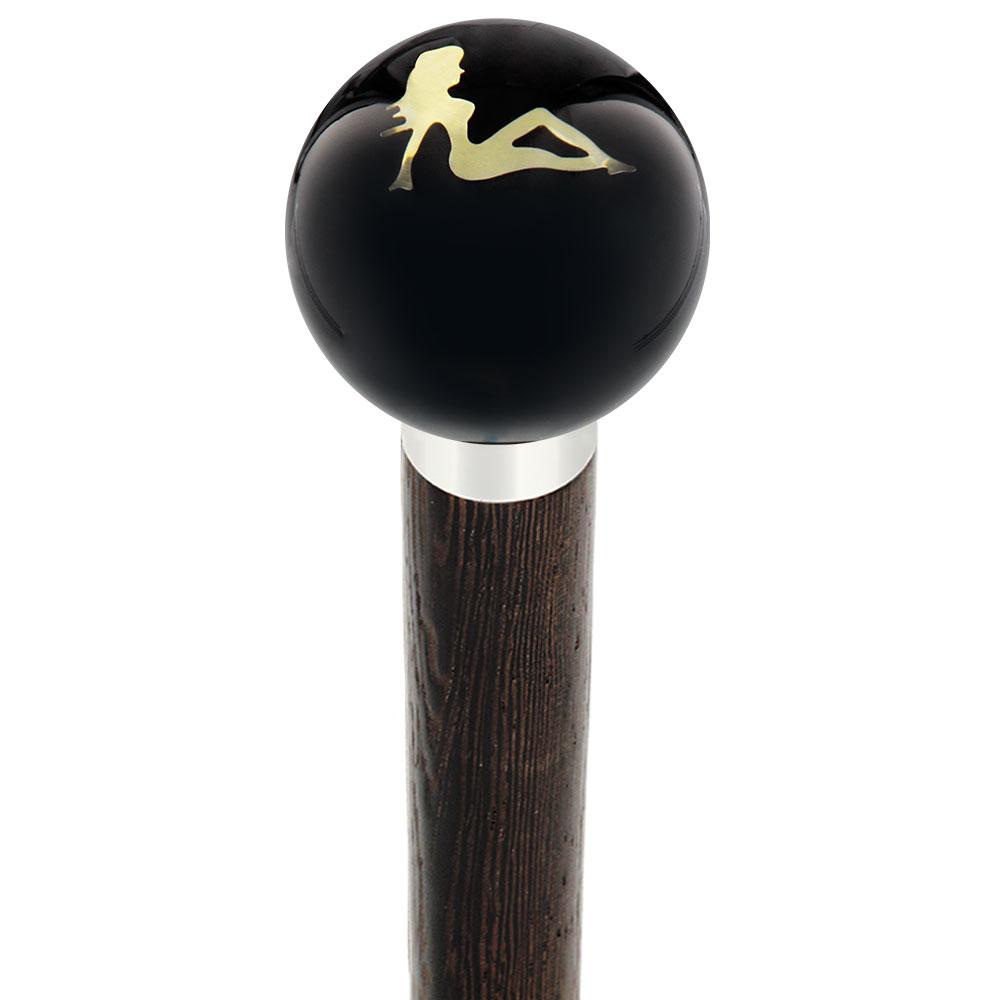 Mudflag Trucker Girl Black Round Knob Cane w/ Custom Wood Shaft & Collar