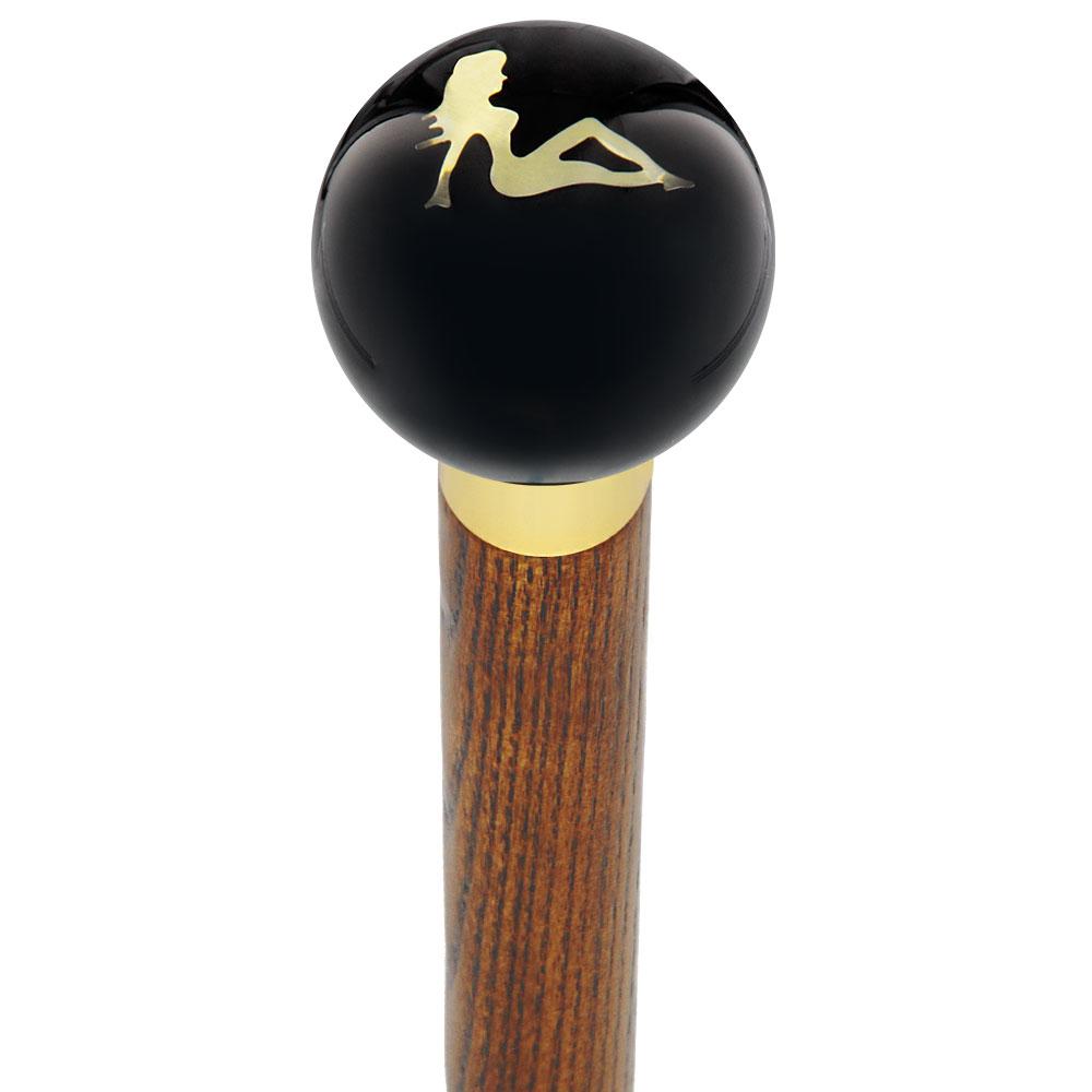Mudflag Trucker Girl Black Round Knob Cane w/ Custom Wood Shaft & Collar