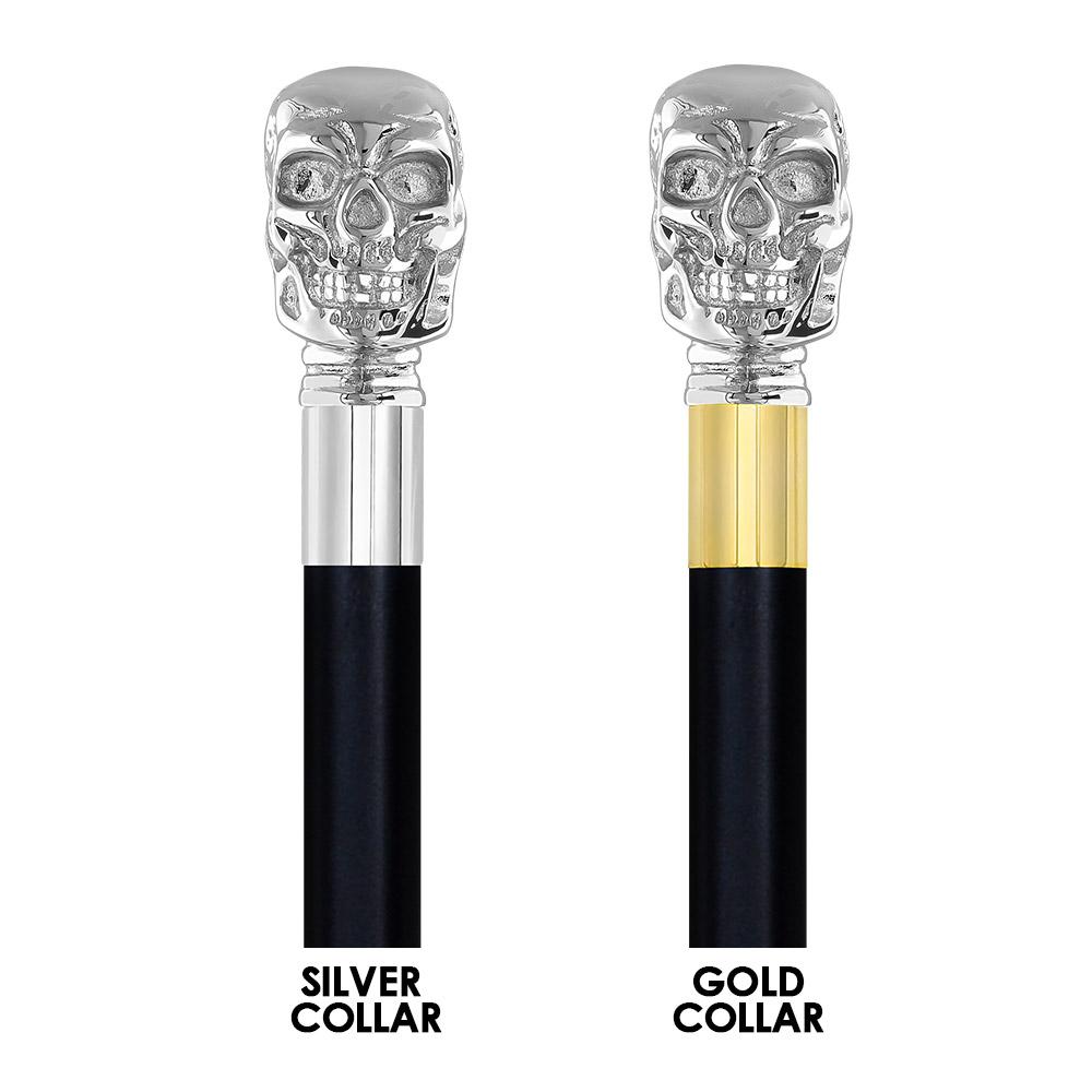Skull Premium Chrome Brass Flask Cane: Wood Shaft Hidden Flask