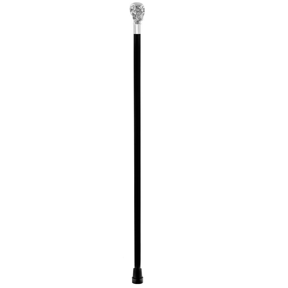 Skull Premium Chrome Brass Flask Cane: Wood Shaft Hidden Flask