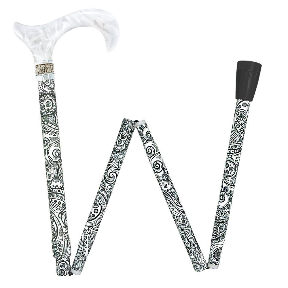 White Pearl w/ Rhinestone collar and black Swirl Designer Adjustable Orthopedic Folding Cane
