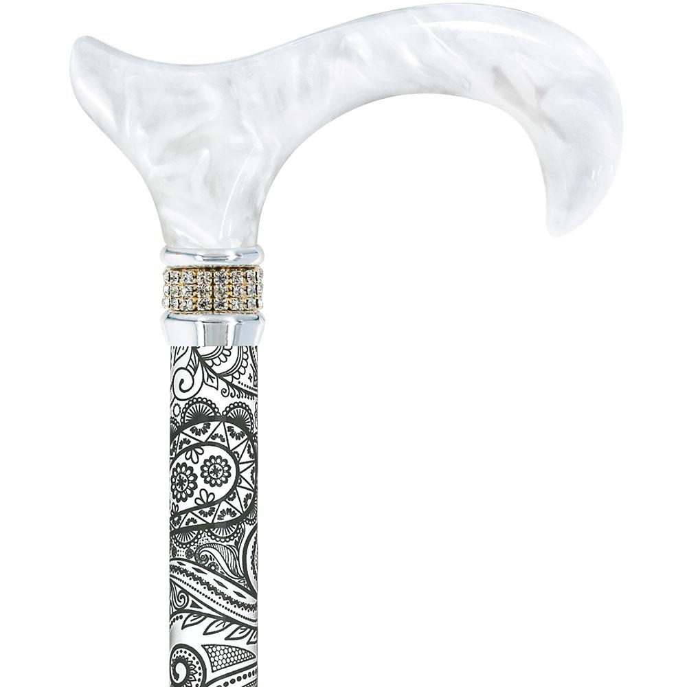 White Pearl w/ Rhinestone collar and black Swirl Designer Adjustable Orthopedic Folding Cane