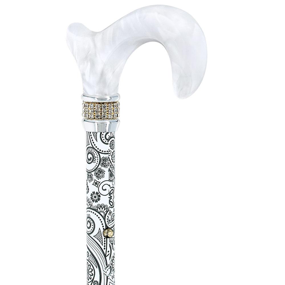 White Pearl w/ Rhinestone collar and black Swirl Designer Adjustable Orthopedic Folding Cane