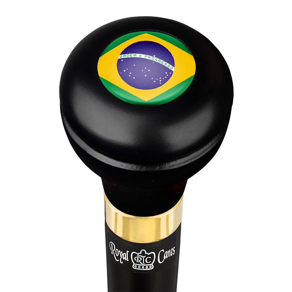 Brazil Flag Emblem Flask Walking Stick: Wood Shaft Hidden Flask