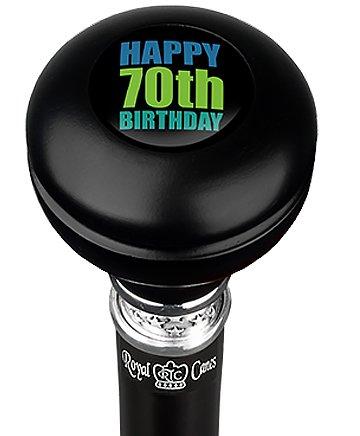 Happy 70th Birthday Knob Walking Stick w/ Black Beechwood Shaft & Pewter Collar