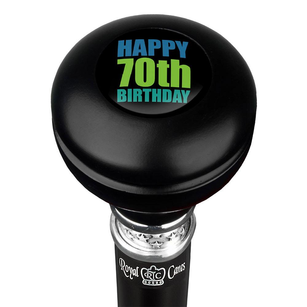 Happy 70th Birthday Knob Walking Stick w/ Black Beechwood Shaft & Pewter Collar