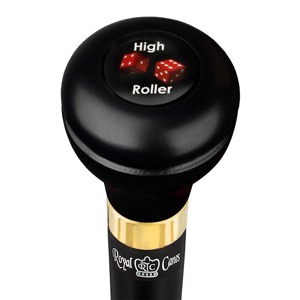 High Roller Casino Emblem Flask Walking Stick: Wood Shaft Hidden Flask