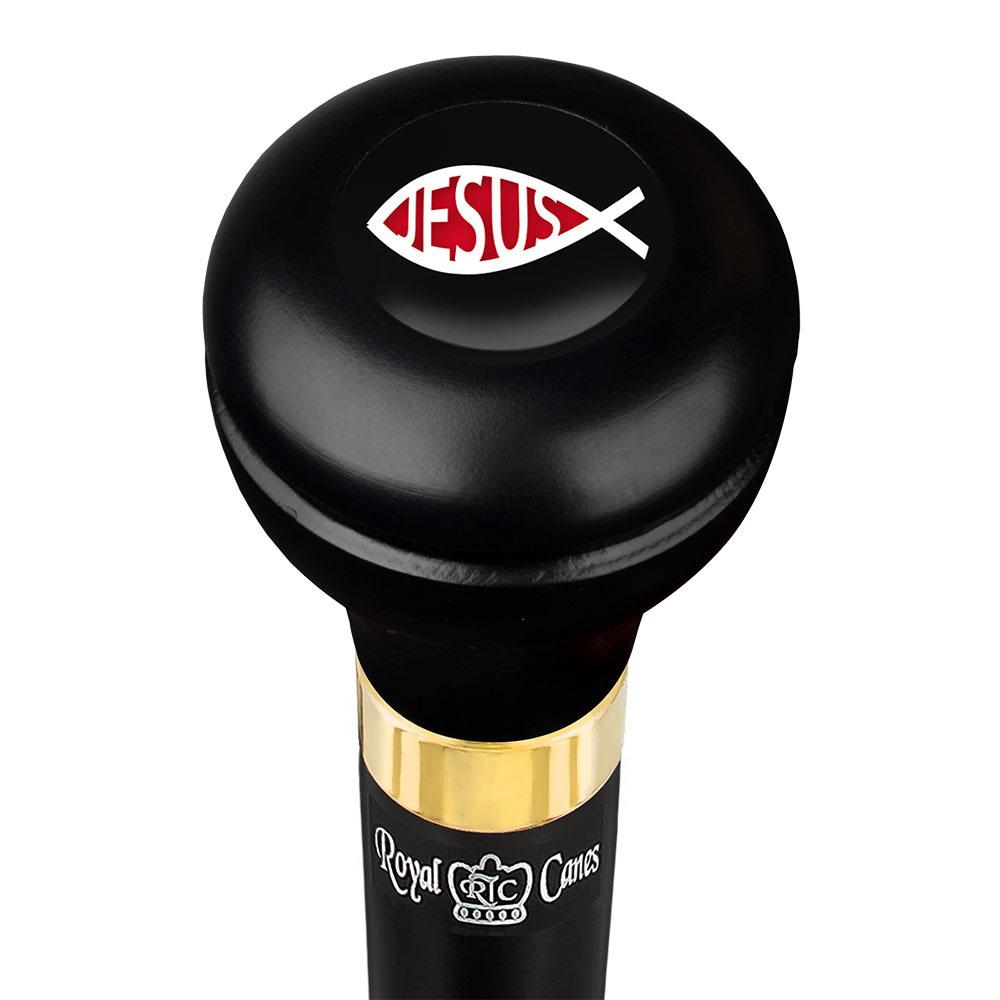 Jesus Fish Symbol Flask Walking Stick w/ Black Beechwood Shaft & Pewter Collar