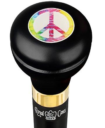 Peace Sign Caduceus Emblem Flask Walking Stick: Wood Shaft Hidden Flask