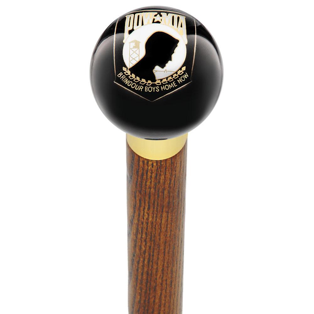 POW-MIA Black Round Knob Cane w/ Custom Wood Shaft & Collar