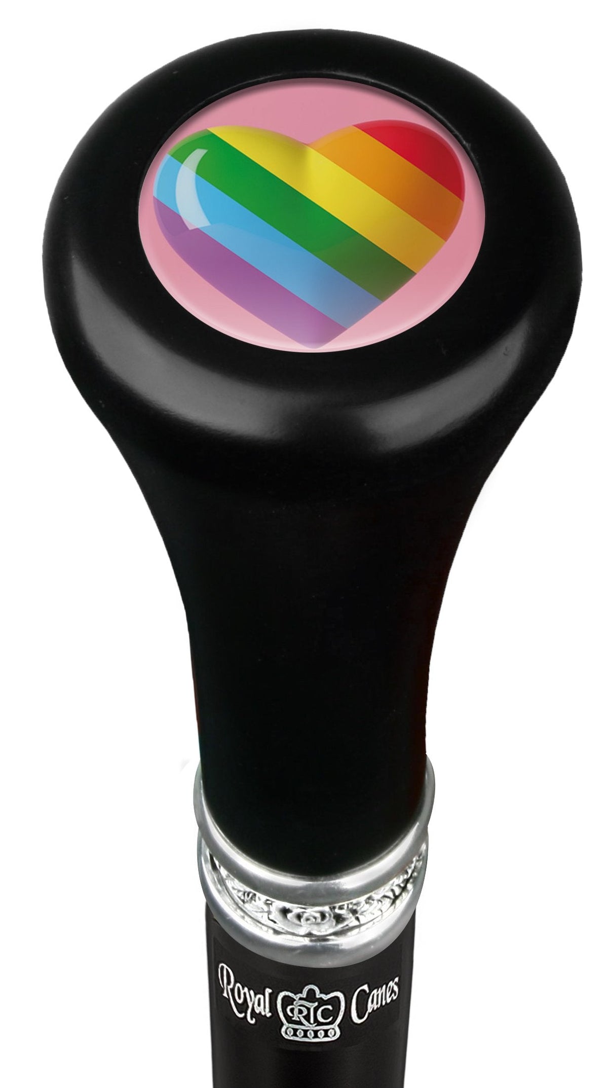 Rainbow Pride Heart Flat Top Walking Stick w/ Black Beechwood Shaft & Pewter Collar
