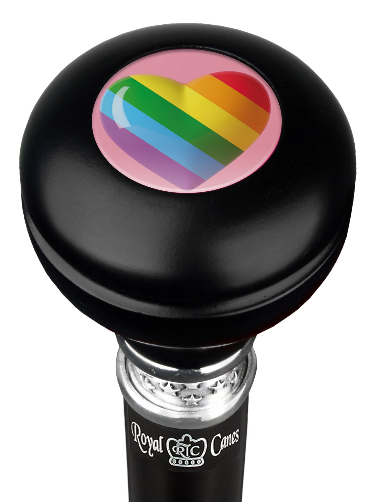 Scratch and Dent Rainbow Pride Heart Round Knob Walking Stick w/ Black Beechwood Shaft & Pewter Collar V3434
