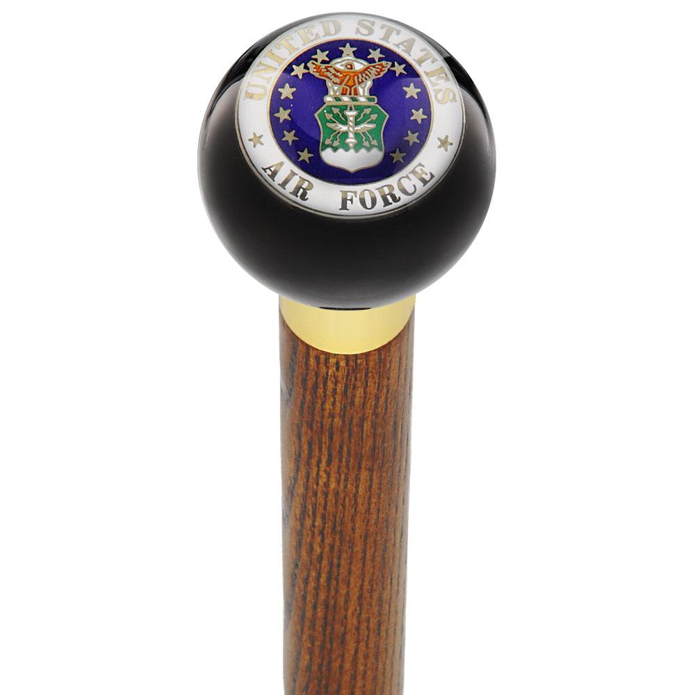 U.S. Air Force Black Round Knob Cane w/ Custom Wood Shaft & Collar