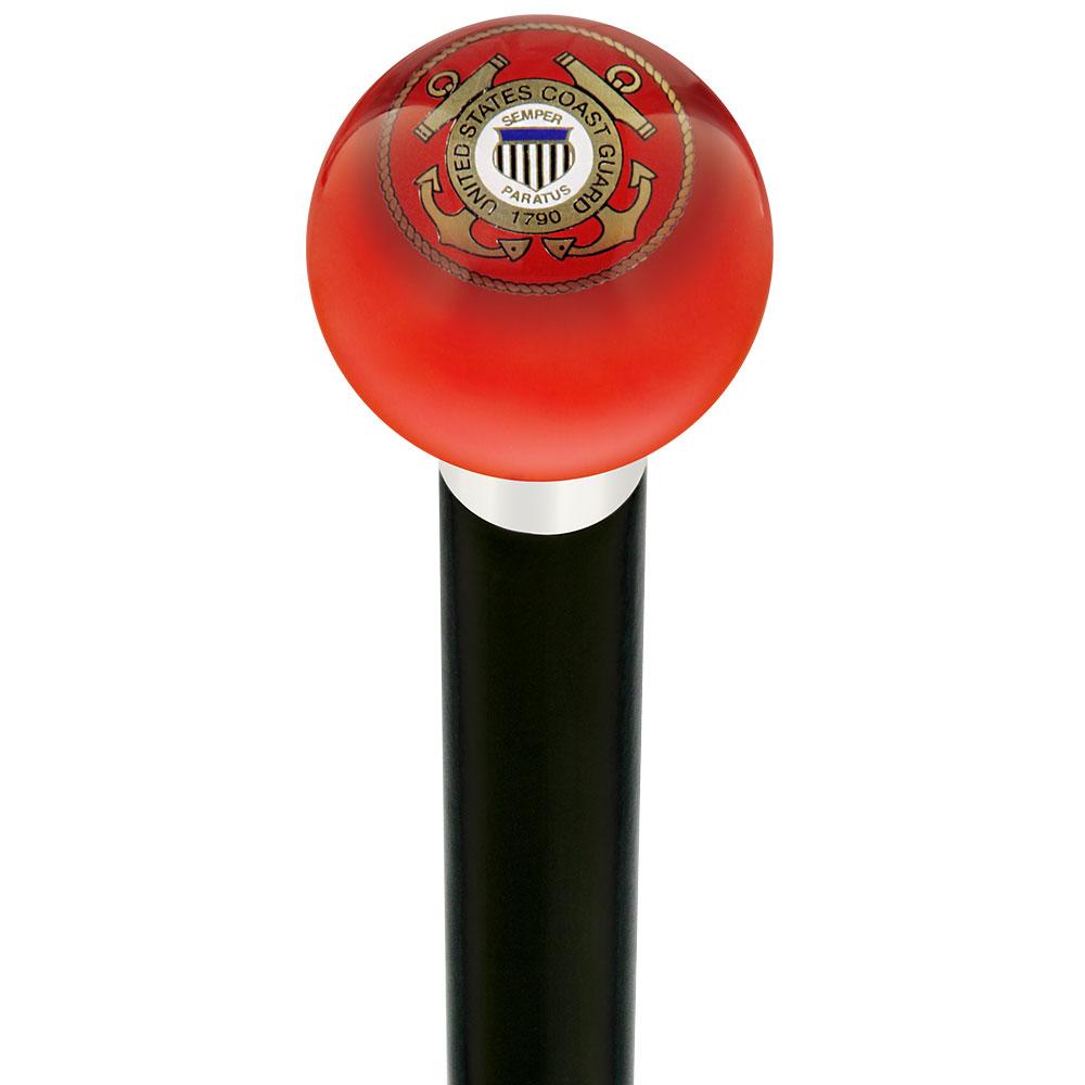 U.S. Coast Guard Red Round Knob Cane w/ Custom Wood Shaft & Collar