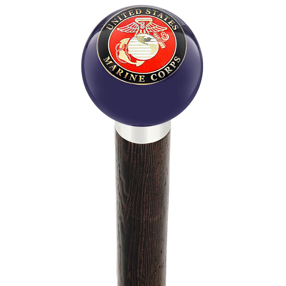 U.S. Marine Corps Dark Blue Round Knob Cane w/ Custom Wood Shaft & Collar