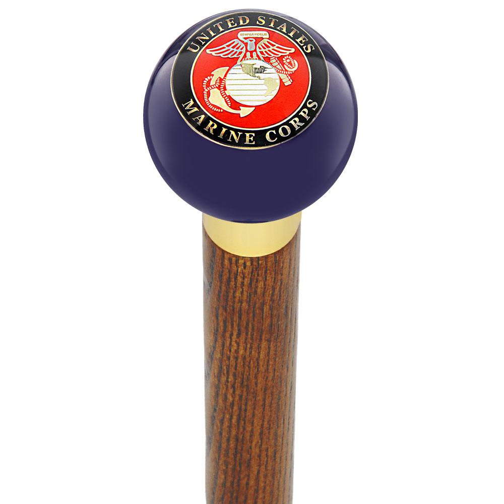 U.S. Marine Corps Dark Blue Round Knob Cane w/ Custom Wood Shaft & Collar