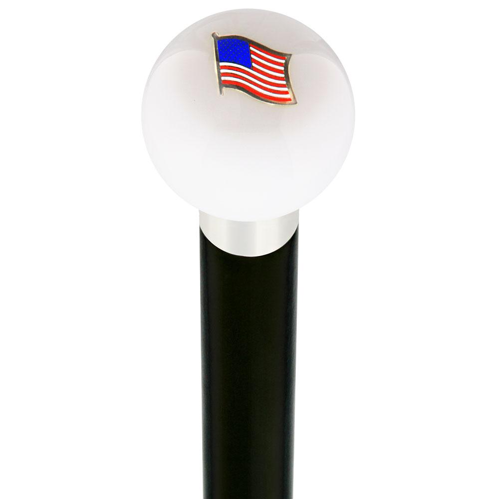 USA Flag White Round Knob Cane w/ Custom Wood Shaft & Collar