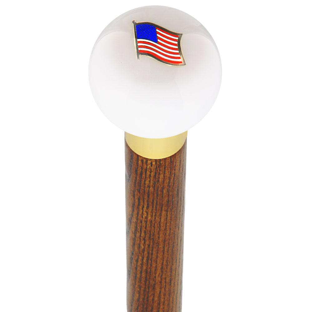 USA Flag White Round Knob Cane w/ Custom Wood Shaft & Collar