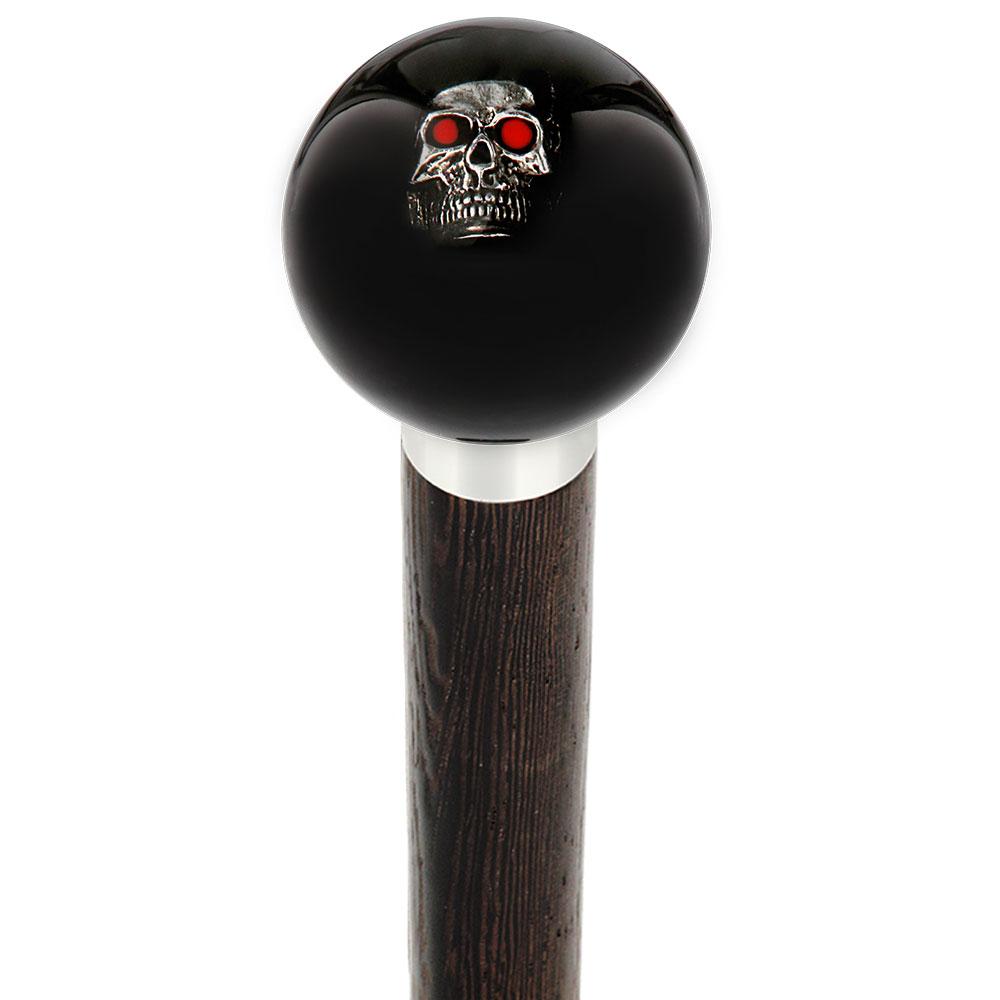Dreary Red Eyed Skull Black Round Knob Cane w/ Custom Wood Shaft & Collar
