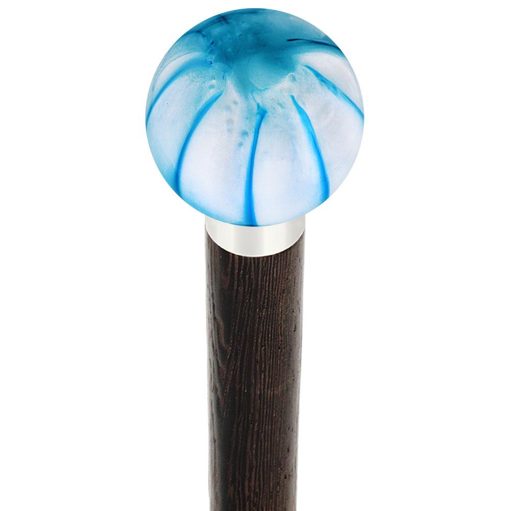 Splash of Blue on Pearl Round Knob Cane w/ Custom Wood Shaft & Collar