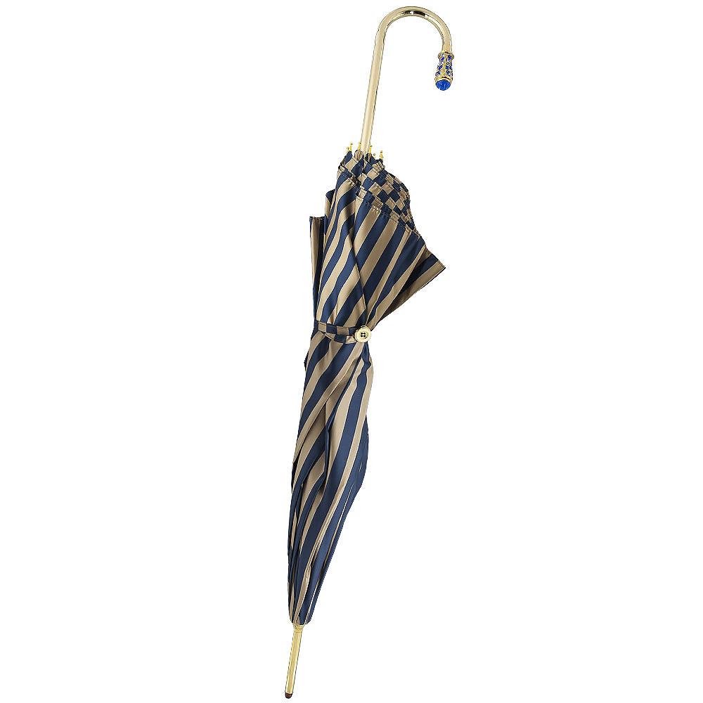 Gold Plated Tourist Handle Blue and Cream Striped Umbrella Cane
