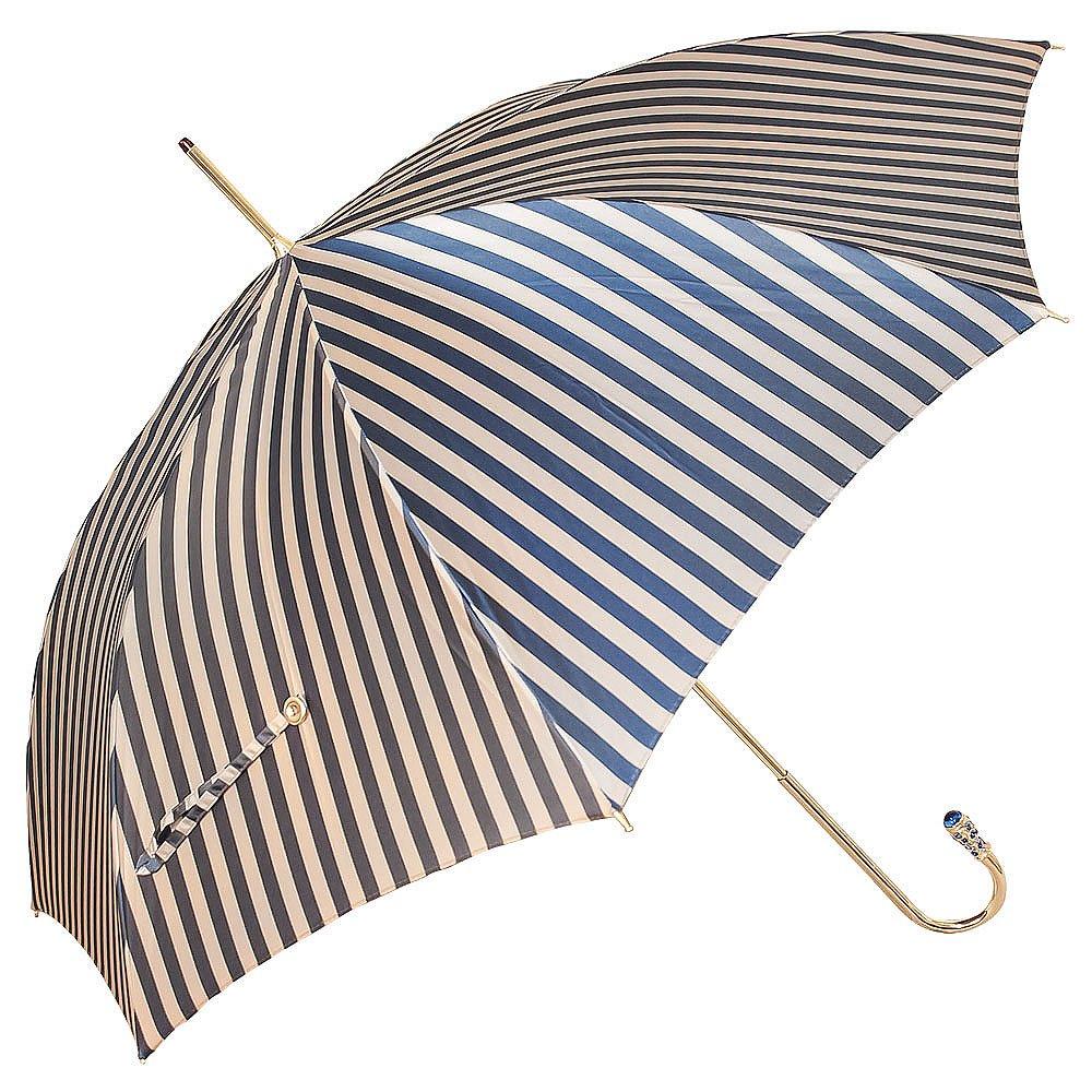Gold Plated Tourist Handle Blue and Cream Striped Umbrella Cane